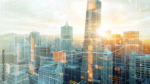 Double exposure of virtual creative financial diagram on San Francisco office buildings background banking and accounting concept 