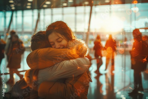A loving couple embracing at the airport. Perfect for travel or relationship concepts