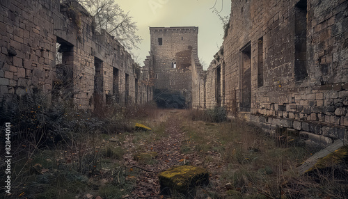 A long  narrow  abandoned building with a path leading through it