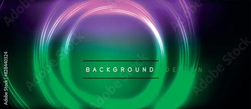 Neon glowing circle rays, light round lines in the dark, planet style neon wave lines. Energetic electric concept design for wallpaper, banner, background