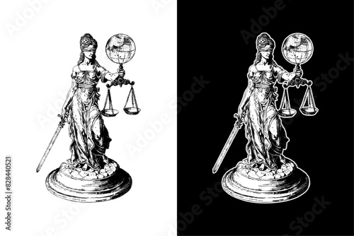 lady justice, hand drawn woodcut engraving style vintage antique vector illustration 