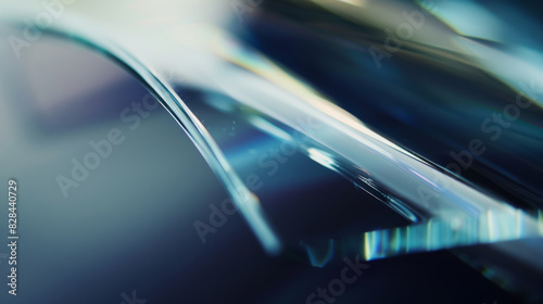 extreme macro photo of clean irridescent polished glass, edges with light from four different colors, depth of field, blurred, dark navy and dark azure, grey background, natural colors 