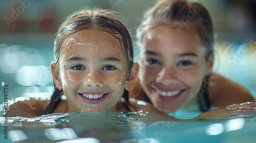 Two Young Girls Swimming in a Pool