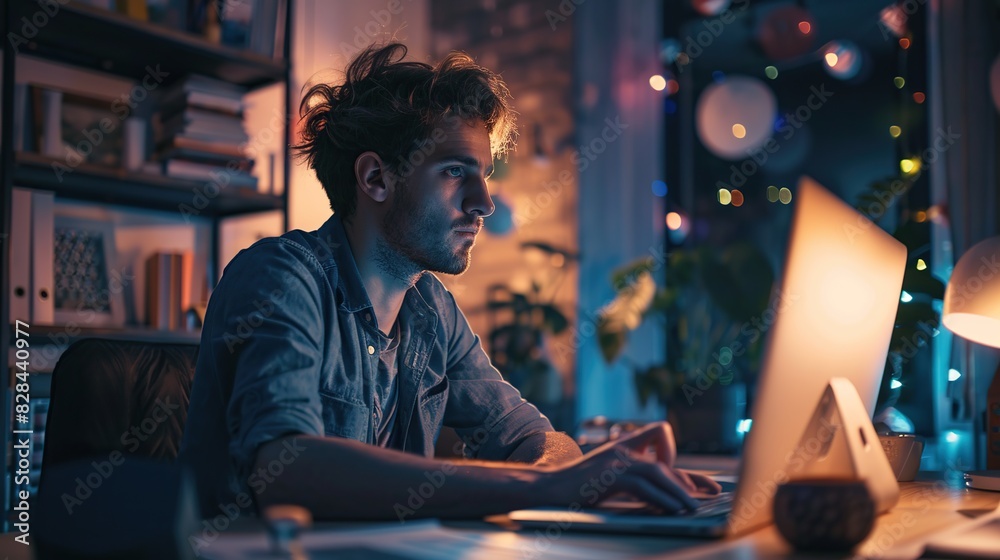 Businessman is focused working with computer in home office Businessman is focused working with computer in home office