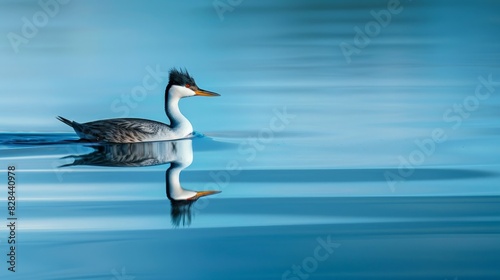 A great crested grebe glides smoothly across a calm blue lake