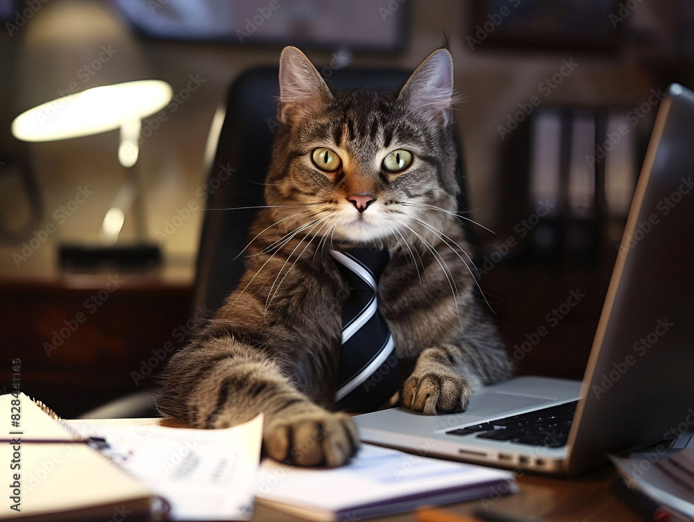 Nighttime office scene with diligent cat Nighttime office scene with diligent cat