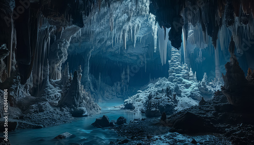 A cave with many stalactites and stalagmites photo