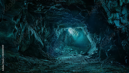 A dark tunnel with a blue glow