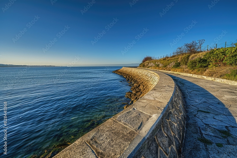 Fototapeta premium A stone wall running alongside a body of water. Suitable for architectural or nature-themed projects