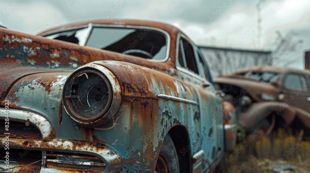 Fototapeta premium An old rusted car abandoned in a field, suitable for automotive concepts