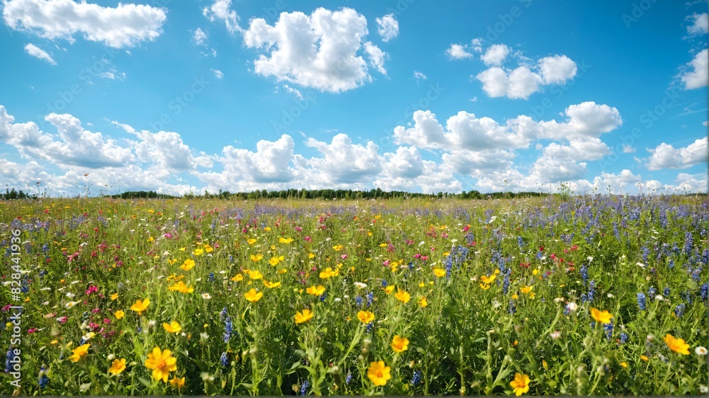 Fototapeta premium Field of flowers, with blue and yellow flowers, and green grass. Blue Sky. White clouds. Meadow. Landscape. Summer. Clouds. Blossom. 1