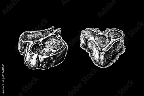 beef steak, hand drawn woodcut engraving style vintage antique vector illustration 