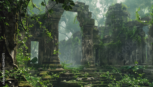 A dark  overgrown graveyard with moss growing on the stone walls