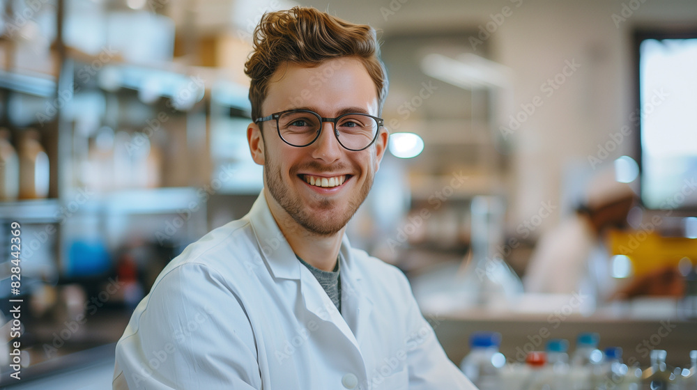 Fototapeta premium Smiling Male Scientist in Laboratory, Wearing Lab Coat, Scientific Research and Innovation