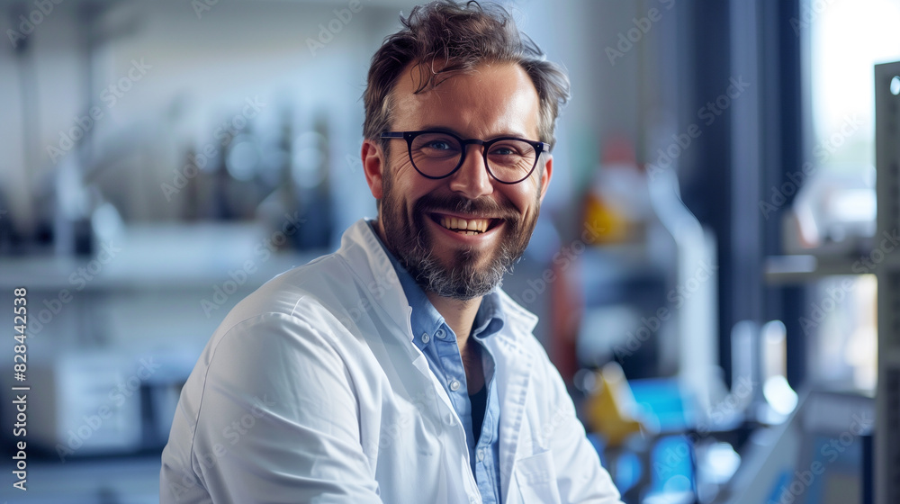 Fototapeta premium Smiling Male Scientist in Laboratory, Wearing Lab Coat, Scientific Research and Innovation