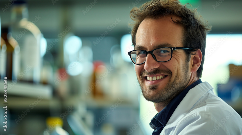 Smiling Male Scientist in Laboratory, Wearing Lab Coat, Scientific Research and Innovation Smiling Male Scientist in Laboratory, Wearing Lab Coat, Scientific Research and Innovation