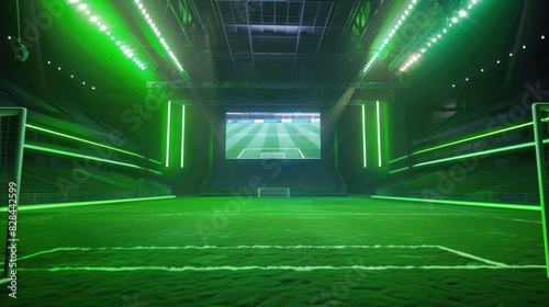 A soccer field glowing with green lights, perfect for sports events