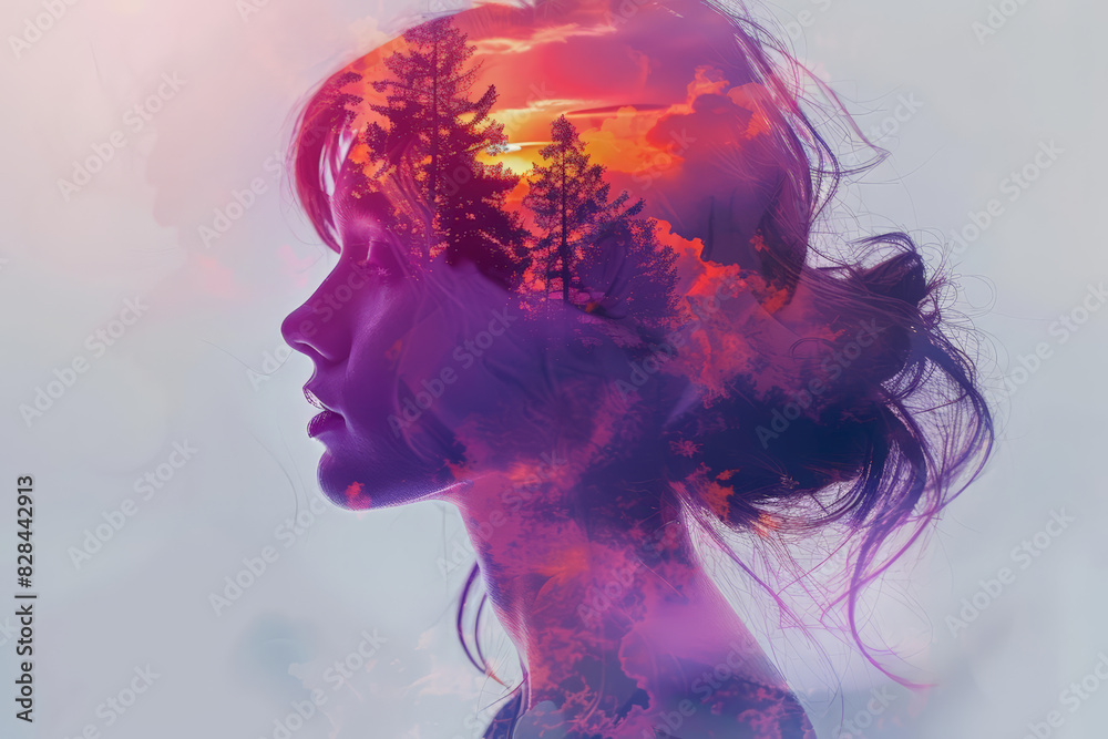 A double exposure image of a woman's silhouette combined with a stunning sunset scene, creating a dreamy and artistic effect. combine purple and pink color, A double exposure image of a woman's silhouette combined with a stunning sunset scene, creating a dreamy and artistic effect. combine purple and pink color,