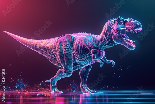 Fototapeta Naklejka Na Ścianę i Meble -  A neon T-Rex dinosaur walking through a puddle of water. Perfect for dinosaur enthusiasts or science fiction lovers