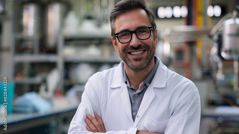 Fototapeta premium Smiling Male Scientist in Laboratory, Wearing Lab Coat, Scientific Research and Innovation