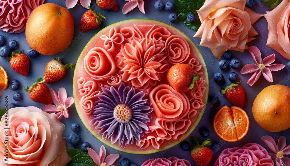 watermelon, Intricate fruit carving centerpiece surrounded by strawberries, blueberries, oranges, and flowers, creating a vibrant and artistic display. watermelon, Intricate fruit carving centerpiece surrounded by strawberries, blueberries, oranges, and flowers, creating a vibrant and artistic display.