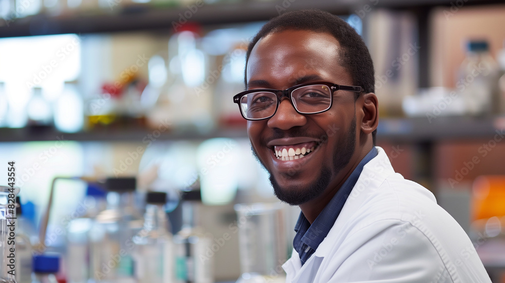 Smiling African American Male Scientist in Laboratory, Wearing Lab Coat, Scientific Research and Innovation Smiling African American Male Scientist in Laboratory, Wearing Lab Coat, Scientific Research and Innovation