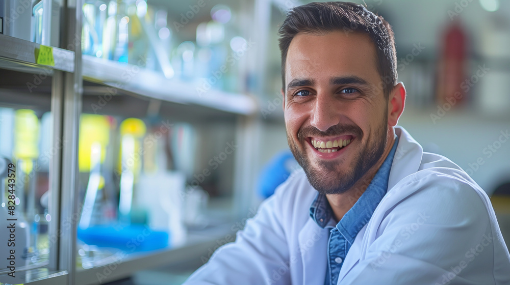 Fototapeta premium Smiling Male Scientist in Laboratory, Wearing Lab Coat, Scientific Research and Innovation