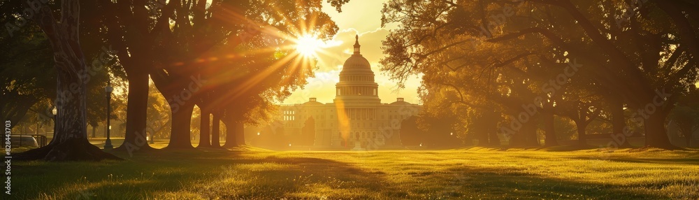 Obraz premium Sunrise beams behind the Capitol Building.
