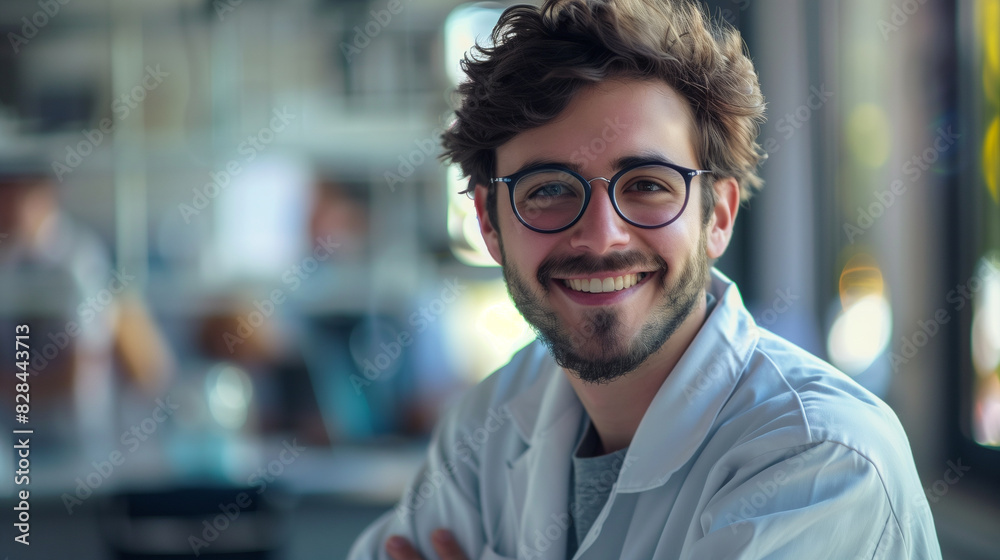 Fototapeta premium Smiling Male Scientist in Laboratory, Wearing Lab Coat, Scientific Research and Innovation