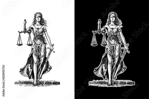 lady justice, hand drawn woodcut engraving style vintage antique vector illustration 