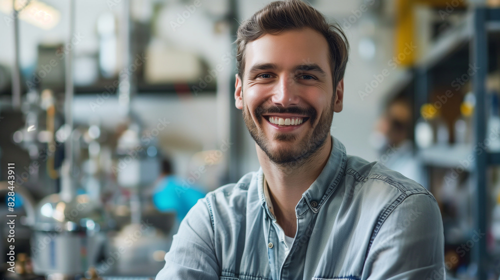 Smiling Male Scientist in Laboratory, Wearing Lab Coat, Scientific Research and Innovation Smiling Male Scientist in Laboratory, Wearing Lab Coat, Scientific Research and Innovation