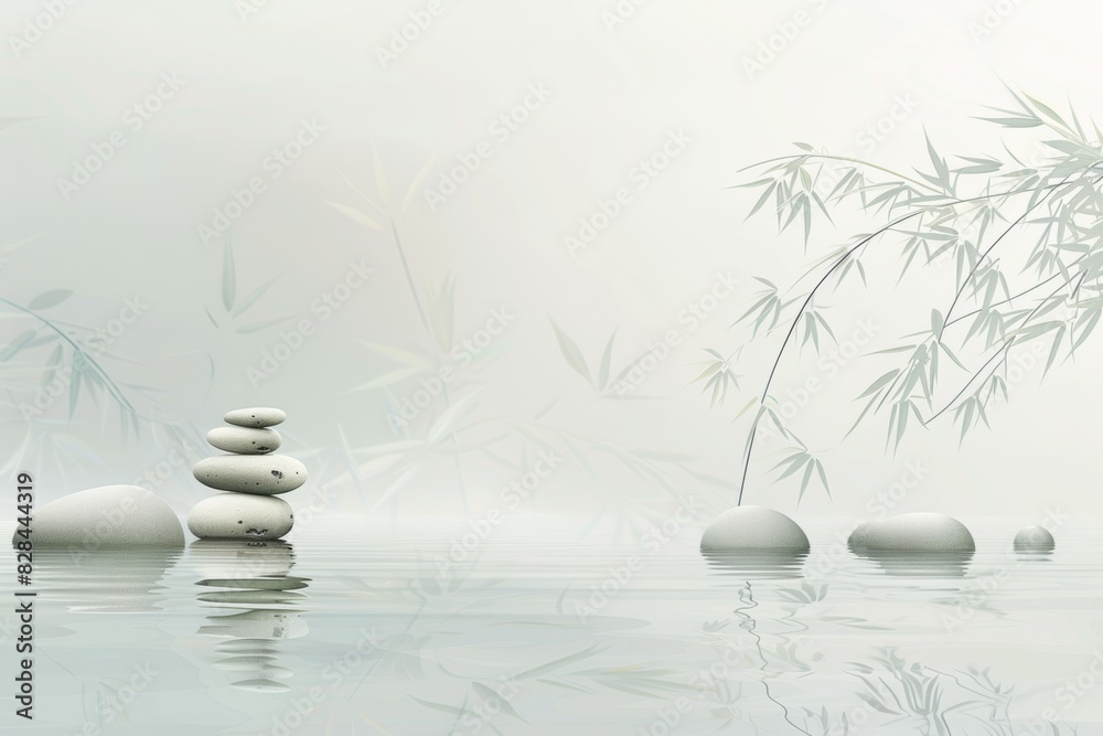A serene scene of a body of water with a few rocks and bamboo in the background. The rocks are arranged in a pyramid formation, and the bamboo adds a touch of nature to the scene A serene scene of a body of water with a few rocks and bamboo in the background. The rocks are arranged in a pyramid formation, and the bamboo adds a touch of nature to the scene