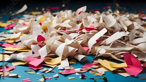 torn paper Close background of confetti. Bill, business, chop, cross-cut, design, destroy, dispose of, file, rubbish identity, junk letter, object office, abstract background