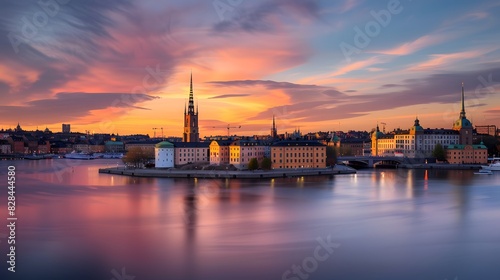 Sunset over Riddarholmen church in old town Stockholm city  Swed dusk  horizontal  photography  waterfront  tower  sweden  travel destinations  capital cities  church  famous place  old town  stockhol
