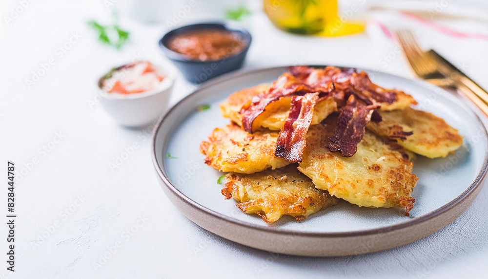 Homemade crispy hash browns with bacon on plate. Tasty food. Delicious dish. Homemade crispy hash browns with bacon on plate. Tasty food. Delicious dish.