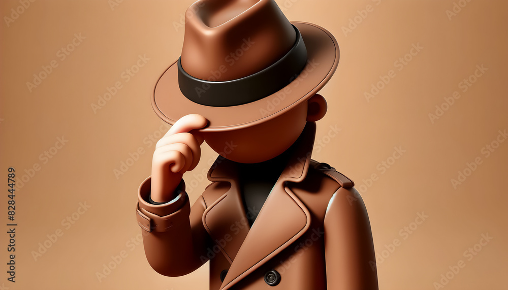 EyeCatching 3D Image Intriguing Character Person in Trench Coat & Hat Hiding Face, Secretive