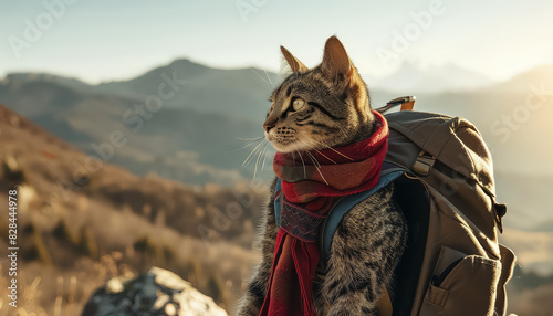 A cat wearing a red scarf and a backpack is standing on a mountain