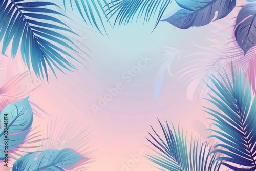 A blue and pink background with palm leaves