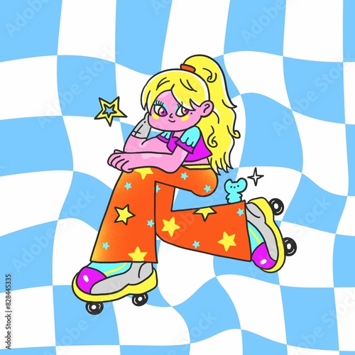 The background is a checkerboard pattern, with a girl dressed in 90s fashion striking a cool pose