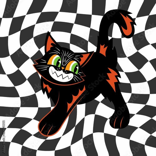 The background is a checkerboard pattern adorned with a smiling black cat, casting a sweet glance