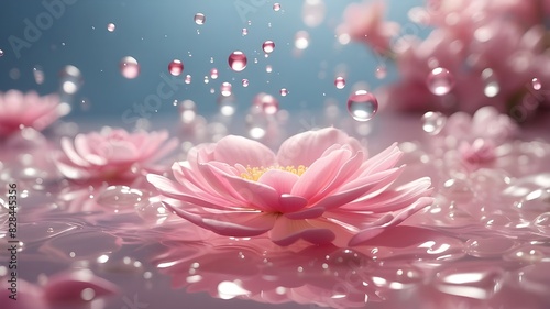 Pink spring summer splashes, foam flowers, flat, tranquil, transparent cosmetic bubbles trendy natural water background on the surface Feel abstract translucent podium poduim flowery cosmetic dais in  photo