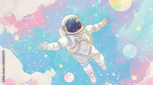 Astronaut floating in outer space pastel colors whimsical and dreamy illustration, space background 