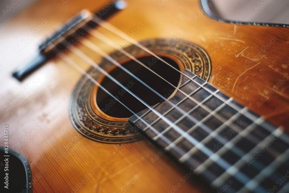 Fototapeta premium A close-up of an acoustic guitar frame mockup with a focus on the sound hole and rosette