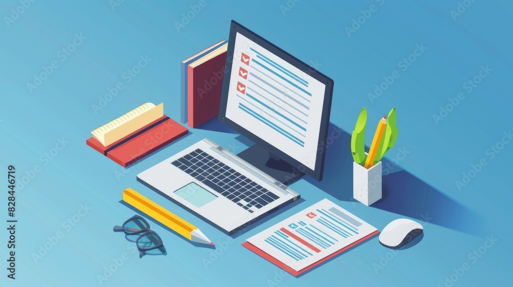 A laptop computer placed on a desk. Suitable for business and technology concepts