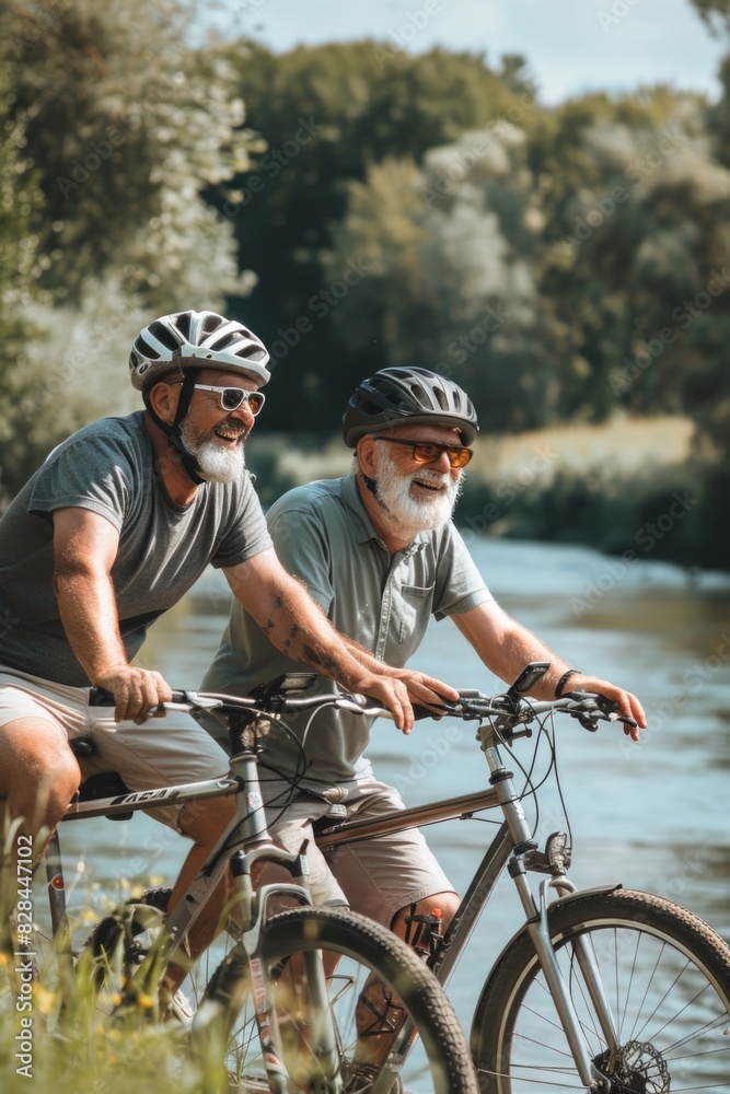 Two men cycling along a scenic river, perfect for outdoor activities promotion Two men cycling along a scenic river, perfect for outdoor activities promotion