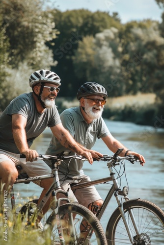 Two men cycling along a scenic river, perfect for outdoor activities promotion