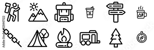 Mega Set Of Vector Camping Vector Symbols Apps, Websites Ui Designs Suitable For Tea,Camping,Chocolate,Camp,Drink Outline Icons Collection. Simple Vector Illustration