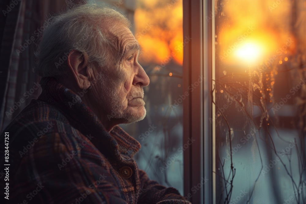 Man looking out window at the sun, suitable for various concepts and designs Man looking out window at the sun, suitable for various concepts and designs