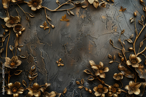 Golden butterflies and flowers on textured black plaster background. Detailed stucco relief with floral designs in classical style