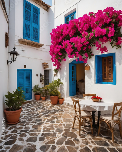 Relax in a Picturesque Mediterranean Street in Greece with Vibrant Bougainvillea and Cozy Outdoor Seating © KraPhoto